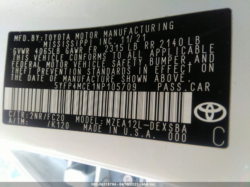 2022 TOYOTA COROLLA SE/SE NIGHTSHADE/APEX SE - 5YFP4MCE1NP105709