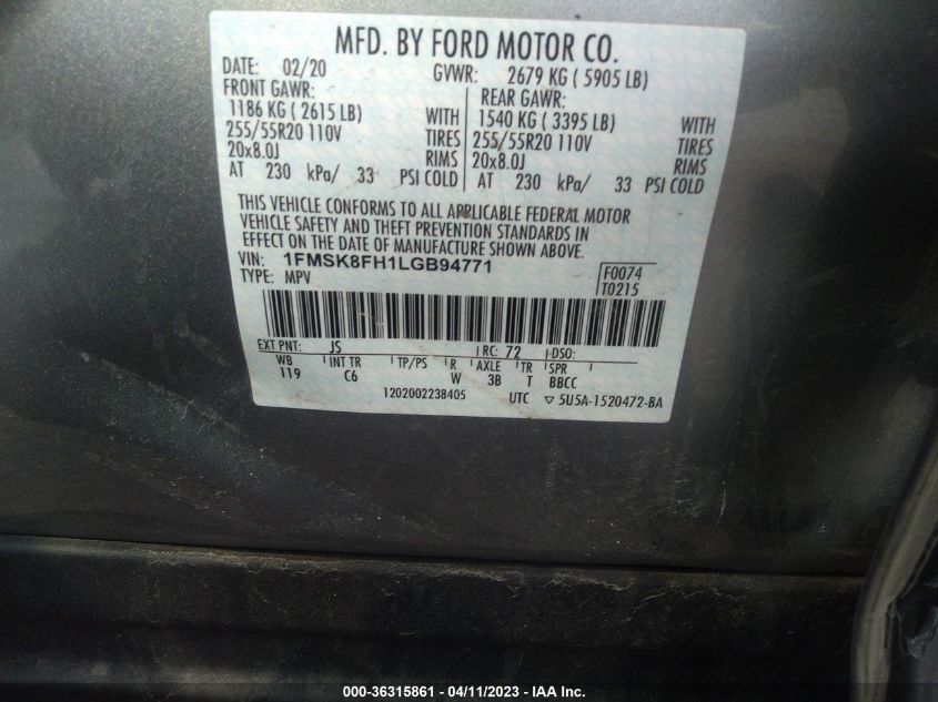 2020 FORD EXPLORER LIMITED - 1FMSK8FH1LGB94771