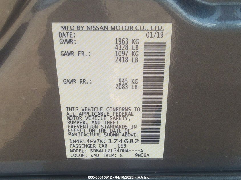 2019 NISSAN ALTIMA 2.5 PLATINUM - 1N4BL4FV7KC174682