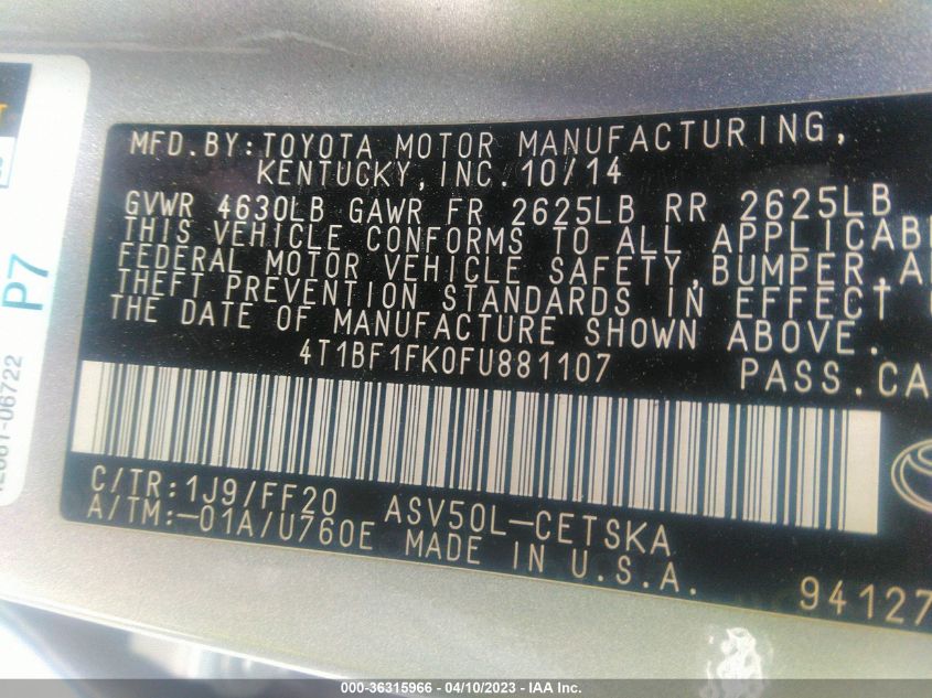 2015 TOYOTA CAMRY XLE/SE/LE/XSE - 4T1BF1FK0FU881107