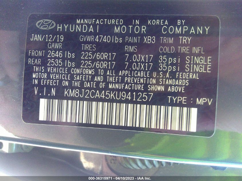 2019 HYUNDAI TUCSON SE - KM8J2CA45KU941257