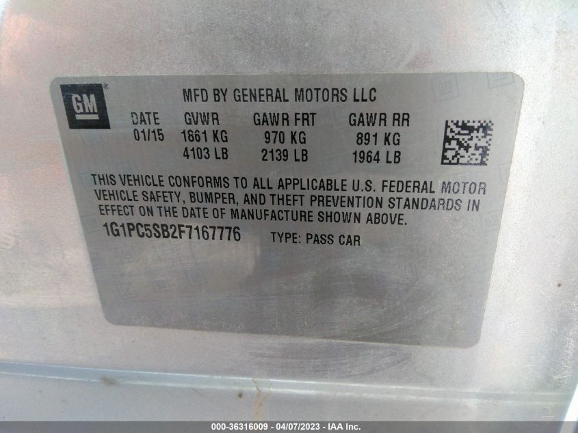 2015 CHEVROLET CRUZE LT - 1G1PC5SB2F7167776