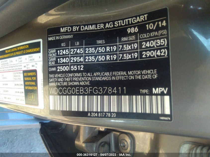 2015 MERCEDES-BENZ GLK-CLASS GLK 250 BLUETEC - WDCGG0EB3FG378411
