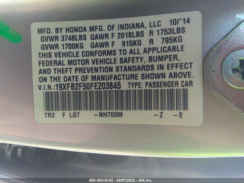2015 HONDA CIVIC SEDAN LX - 19XFB2F50FE203845
