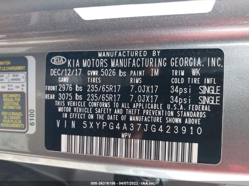 2018 KIA SORENTO L - 5XYPG4A37JG423910