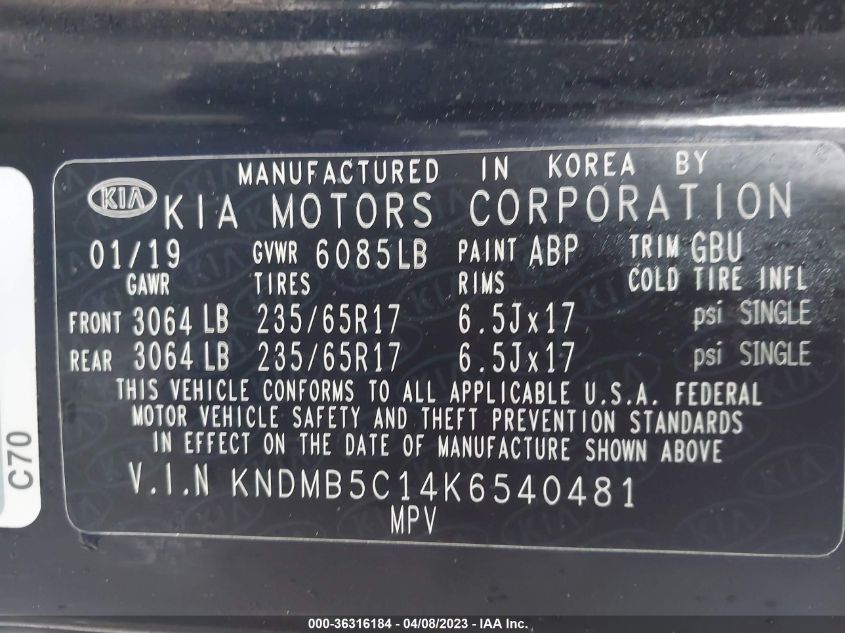2019 KIA SEDONA LX - KNDMB5C14K6540481