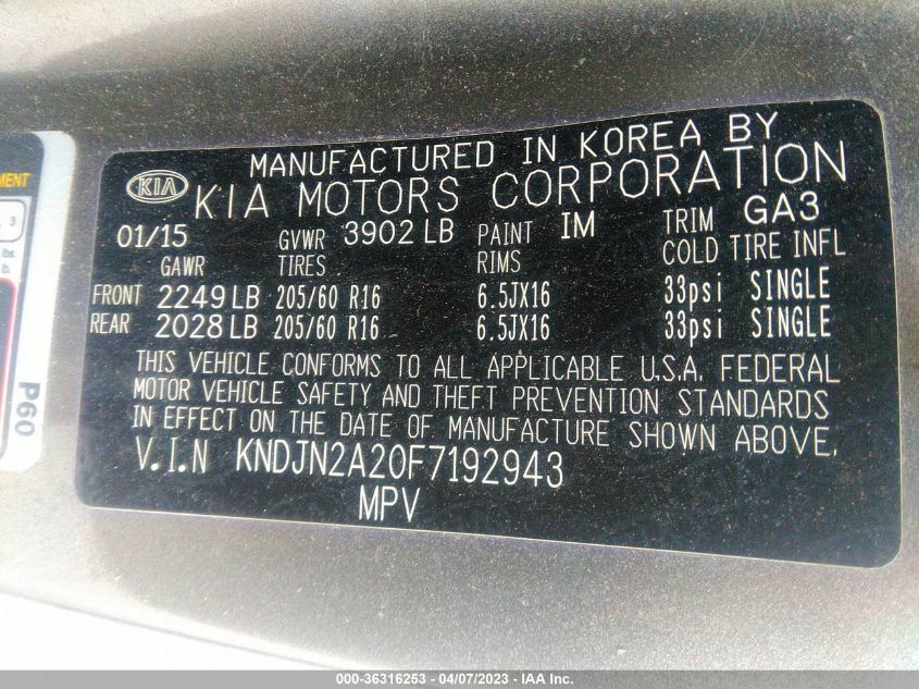 2015 KIA SOUL BASE - KNDJN2A20F7192943