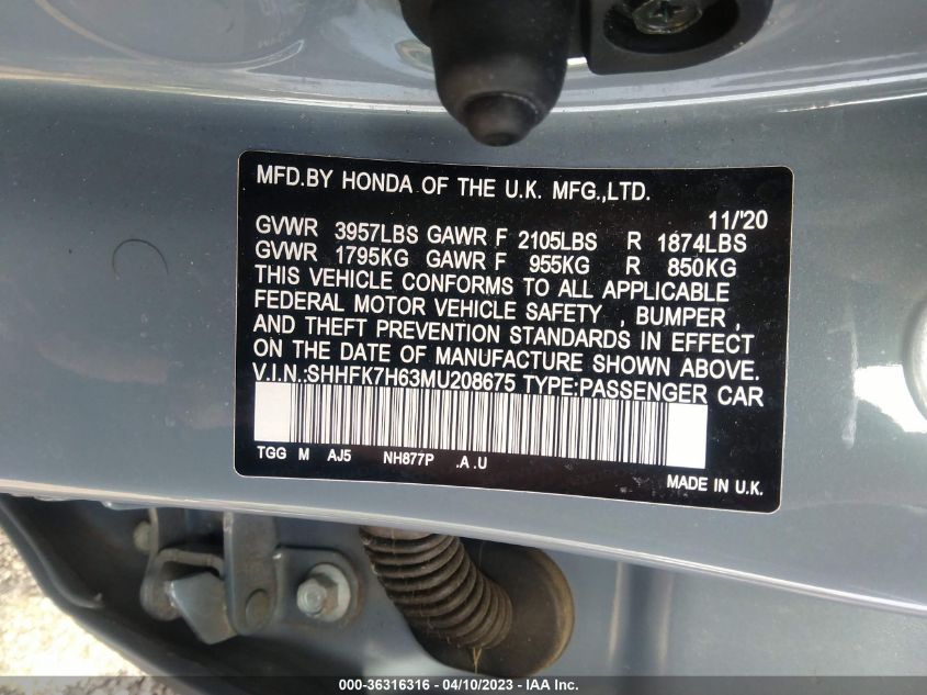 2021 HONDA CIVIC HATCHBACK EX - SHHFK7H63MU208675
