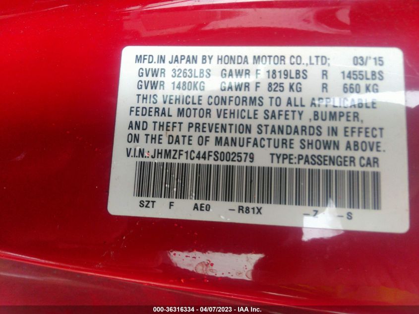 2015 HONDA CR-Z JHMZF1C44FS002579