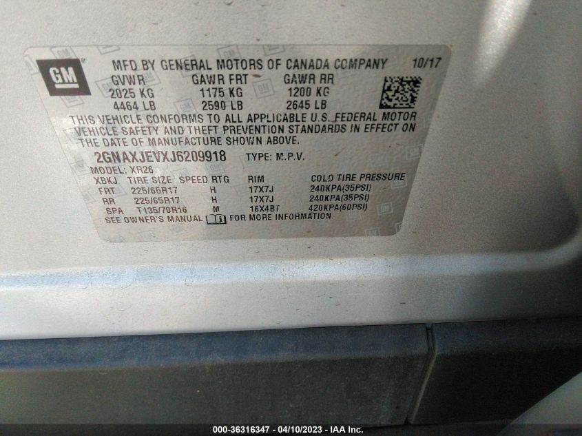 2018 CHEVROLET EQUINOX LT - 2GNAXJEVXJ6209918