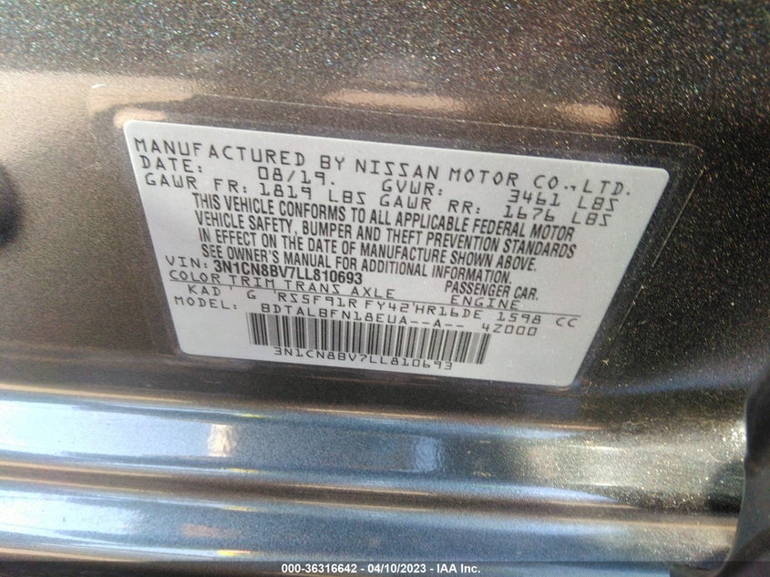 VIN 3N1CN8BV7LL810693 2020 NISSAN VERSA S