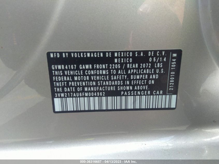 2015 VOLKSWAGEN GOLF TSI SEL - 3VW217AU6FM004962
