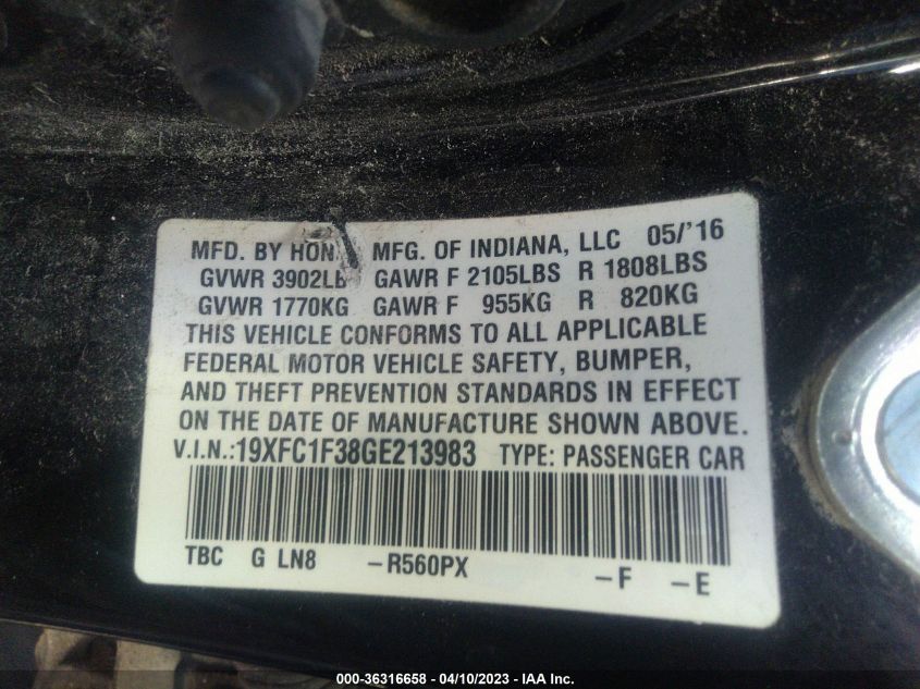 2016 HONDA CIVIC SEDAN EX-T - 19XFC1F38GE213983