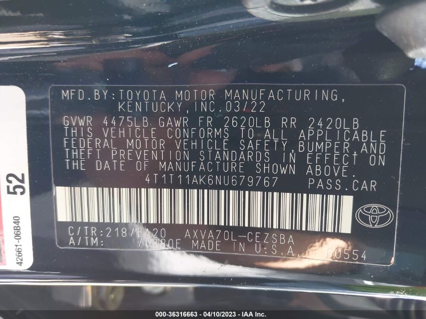 2022 TOYOTA CAMRY SE - 4T1T11AK6NU679767