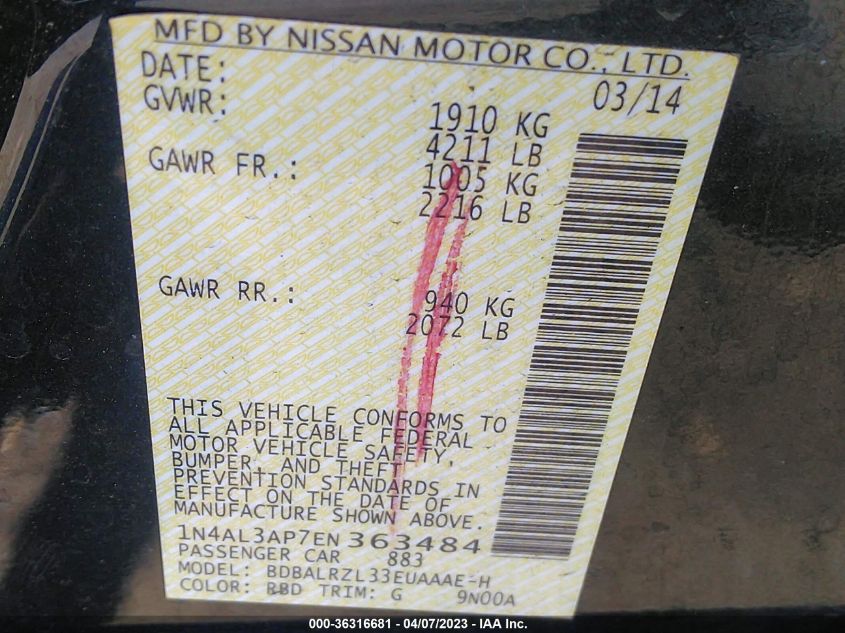 2014 NISSAN ALTIMA 2.5/S/SV/SL - 1N4AL3AP7EN363484