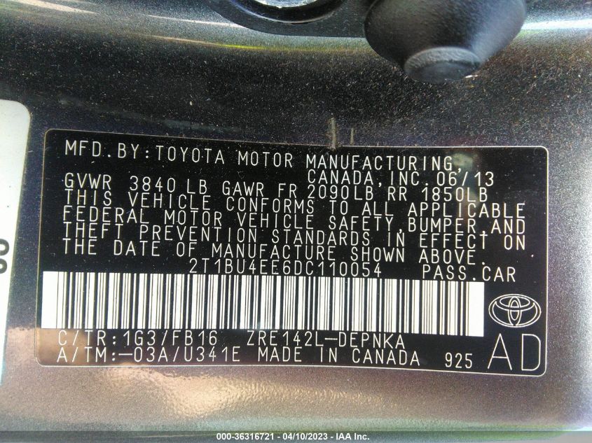 2013 TOYOTA COROLLA L/LE/S - 2T1BU4EE6DC110054