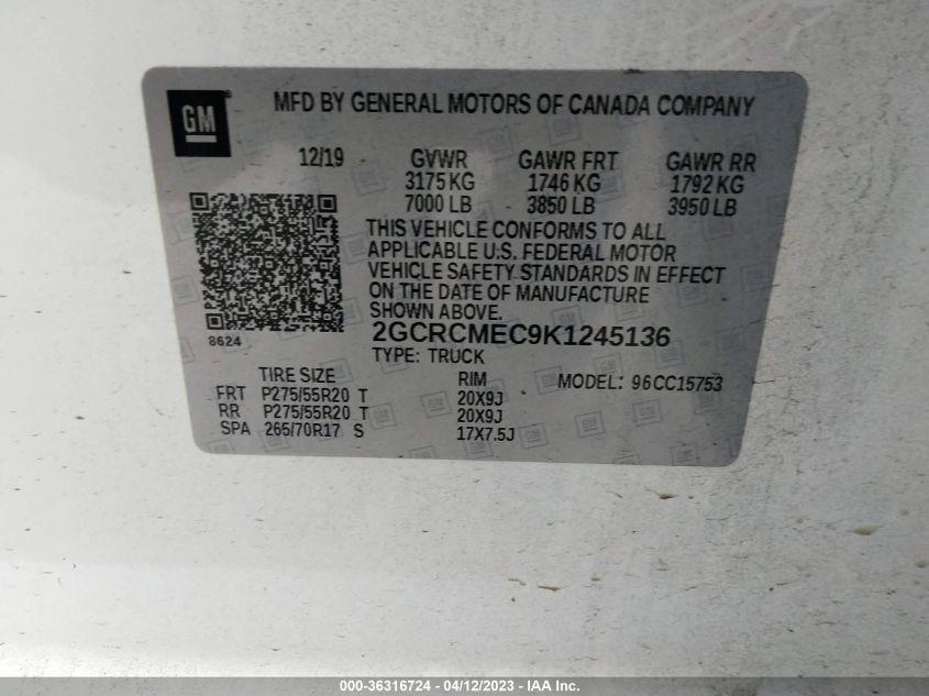 2019 CHEVROLET SILVERADO 1500 LD CUSTOM 2GCRCMEC9K1245136