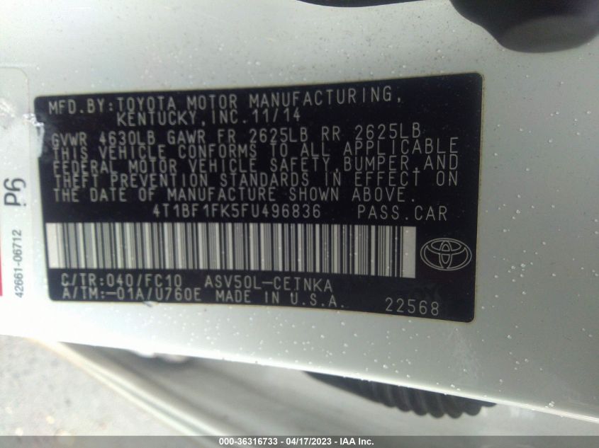 2015 TOYOTA CAMRY LE - 4T1BF1FK5FU496836