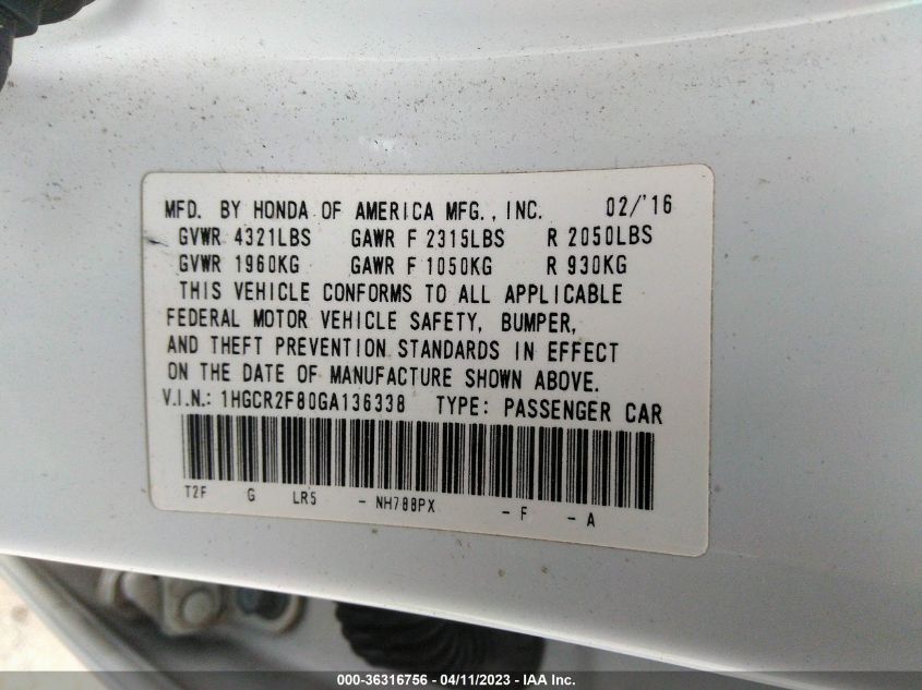 2016 HONDA ACCORD SEDAN EX-L - 1HGCR2F80GA136338