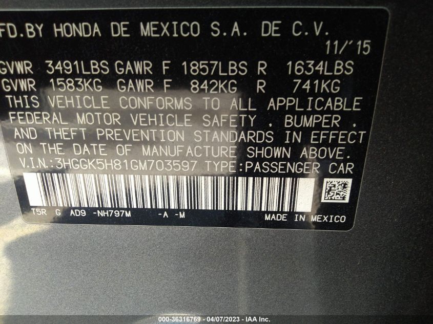 2016 HONDA FIT EX-L - 3HGGK5H81GM703597