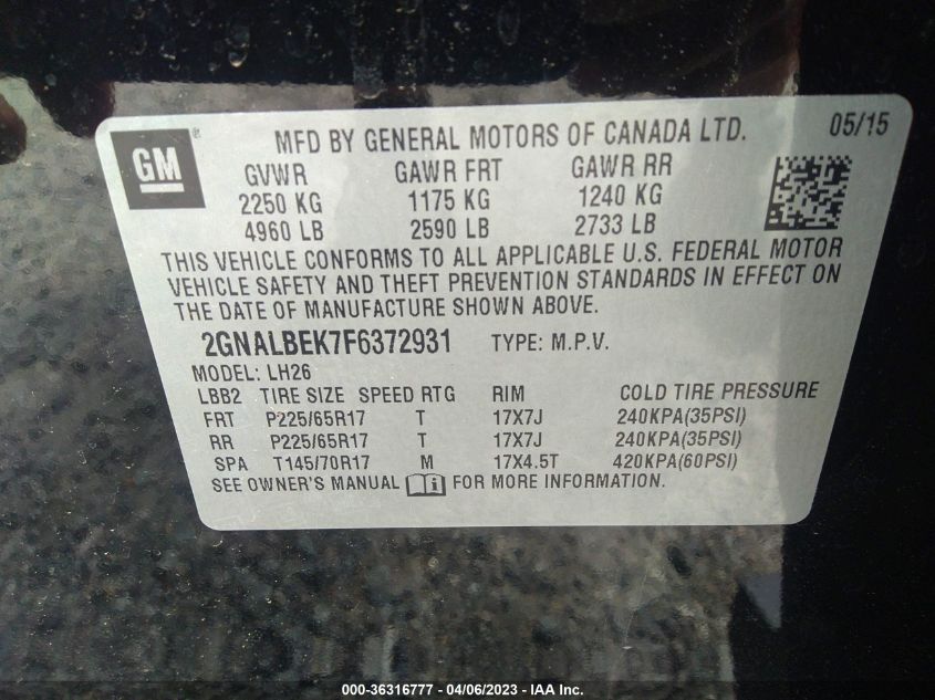 2015 CHEVROLET EQUINOX LT - 2GNALBEK7F6372931