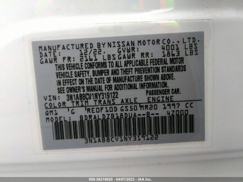 2022 NISSAN SENTRA SV - 3N1AB8CV1NY319122