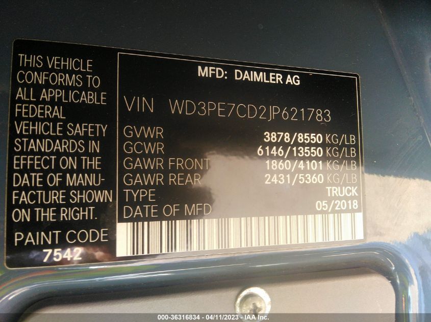 2018 MERCEDES-BENZ SPRINTER CARGO VAN WD3PE7CD2JP621783