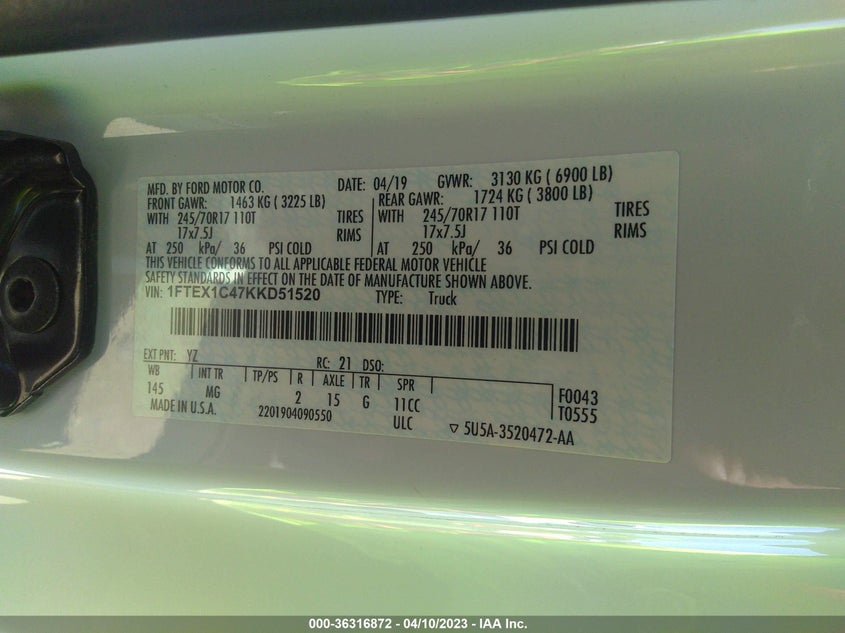 VIN 1FTEX1C47KKD51520 2019 FORD F-150 XL/XLT/LARIAT