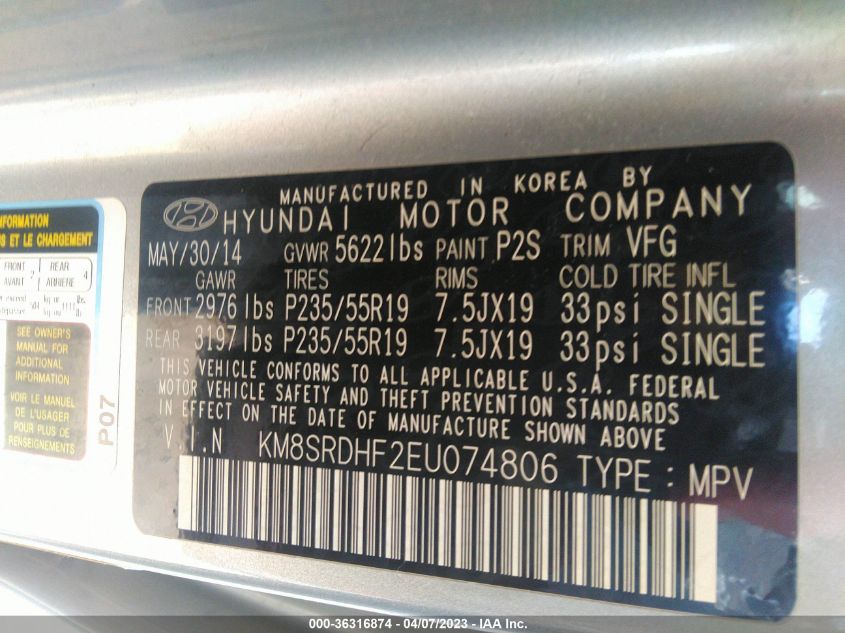 2014 HYUNDAI SANTA FE LIMITED - KM8SRDHF2EU074806