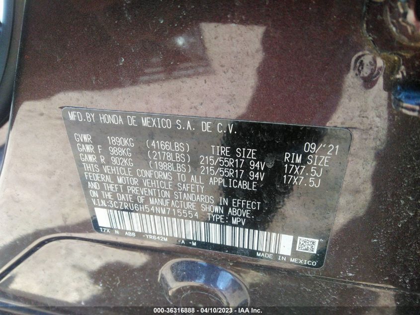 2022 HONDA HR-V EX - 3CZRU6H54NM715554