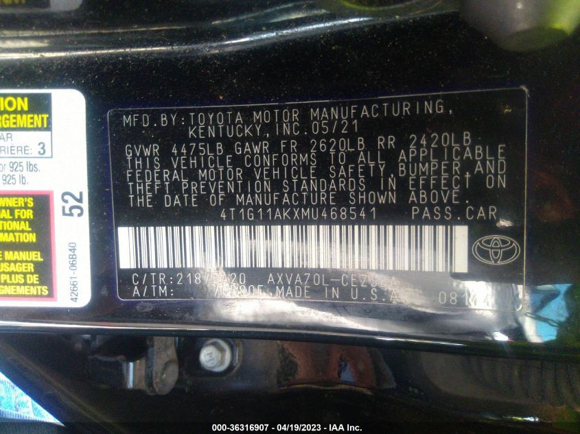 2021 TOYOTA CAMRY SE - 4T1G11AKXMU468541