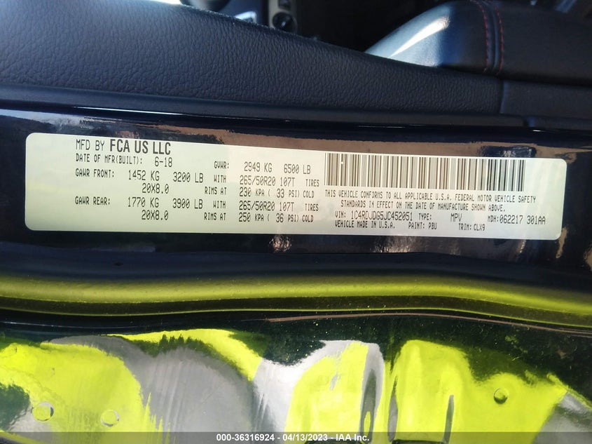 VIN 1C4RDJDG5JC452051 2018 DODGE DURANGO GT