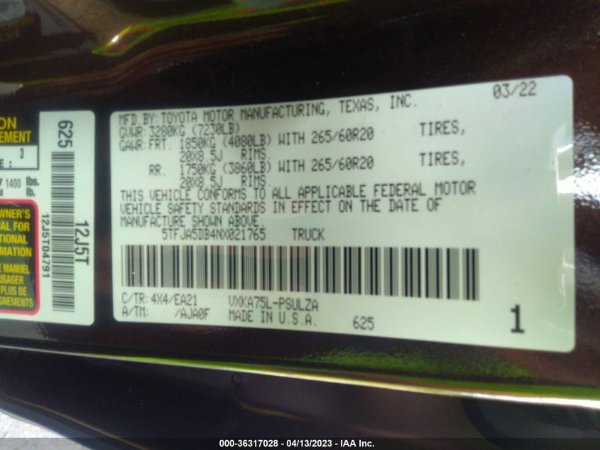 2022 TOYOTA TUNDRA 4WD LIMITED - 5TFJA5DB4NX021765