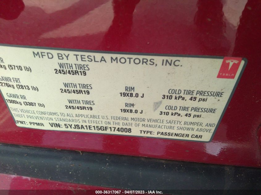 2016 TESLA MODEL S 70 KWH - 5YJSA1E15GF174008