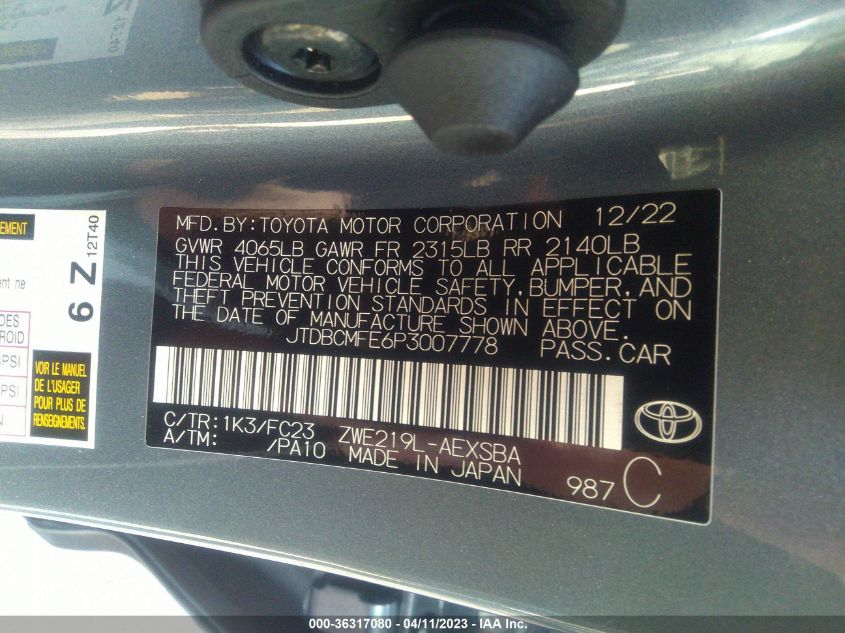 2023 TOYOTA COROLLA HYBRID - JTDBCMFE6P3007778