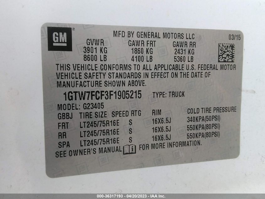 2015 GMC SAVANA CARGO VAN 1GTW7FCF3F1905215