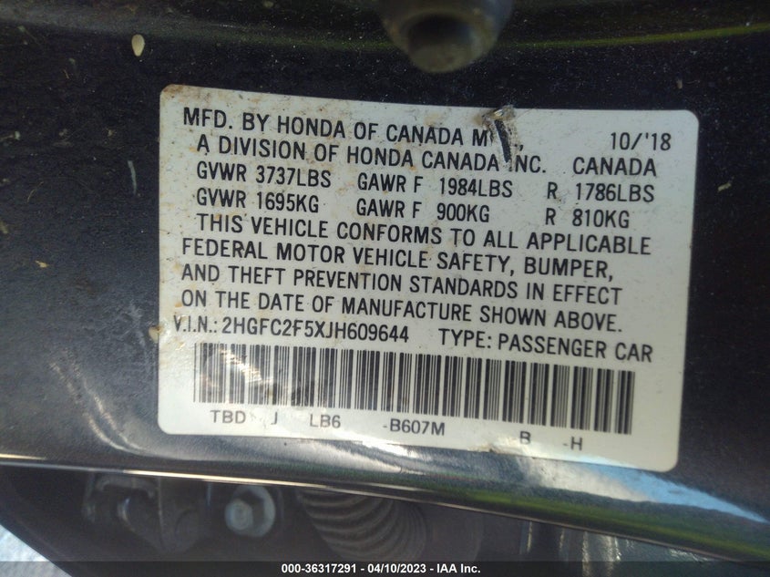 VIN 2HGFC2F5XJH609644 2018 HONDA CIVIC SEDAN LX