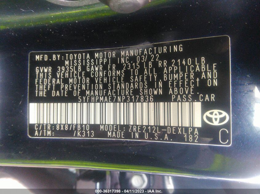 2022 TOYOTA COROLLA LE - 5YFHPMAE7NP317836
