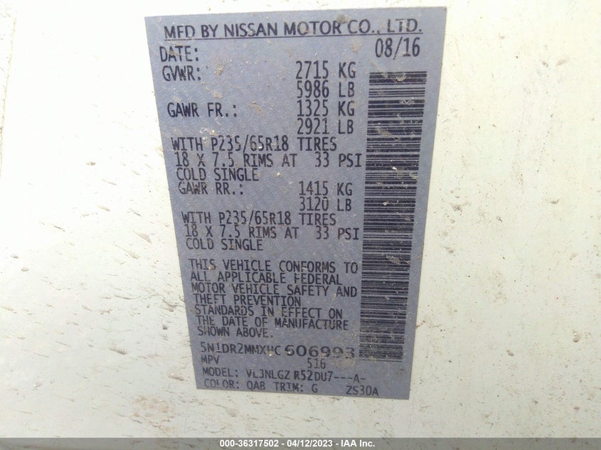 VIN 5N1DR2MMXHC606993 2017 NISSAN PATHFINDER SL