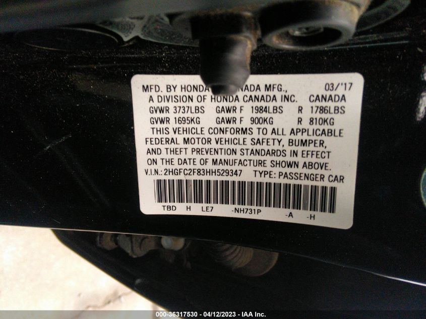 2017 HONDA CIVIC SEDAN EX - 2HGFC2F83HH529347