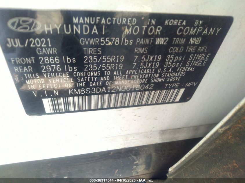 2022 HYUNDAI SANTA FE HYBRID SEL PREMIUM - KM8S3DA12NU018042