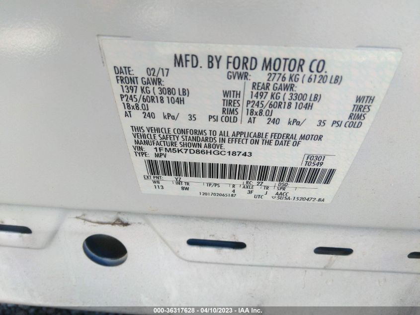 2017 FORD EXPLORER XLT - 1FM5K7D86HGC18743