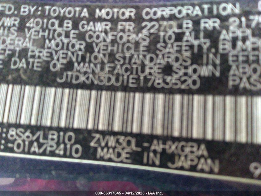 2014 TOYOTA PRIUS FOUR/FIVE/THREE/ONE/TWO - JTDKN3DU1E1783520