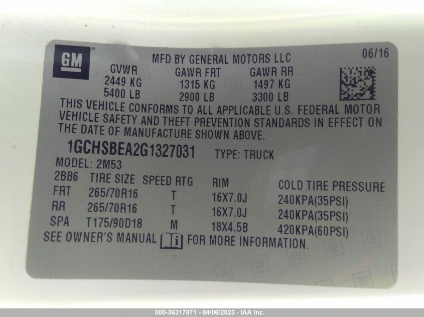2016 CHEVROLET COLORADO 2WD WT - 1GCHSBEA2G1327031
