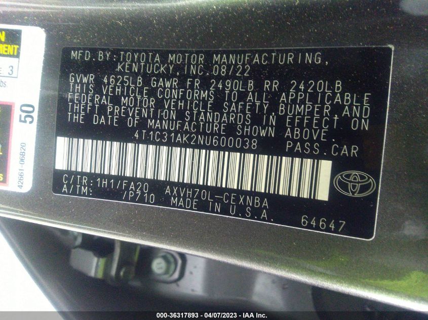 2022 TOYOTA CAMRY HYBRID LE - 4T1C31AK2NU600038