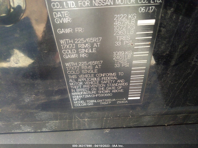 VIN KNMAT2MV3HP590680 2017 NISSAN ROGUE SV