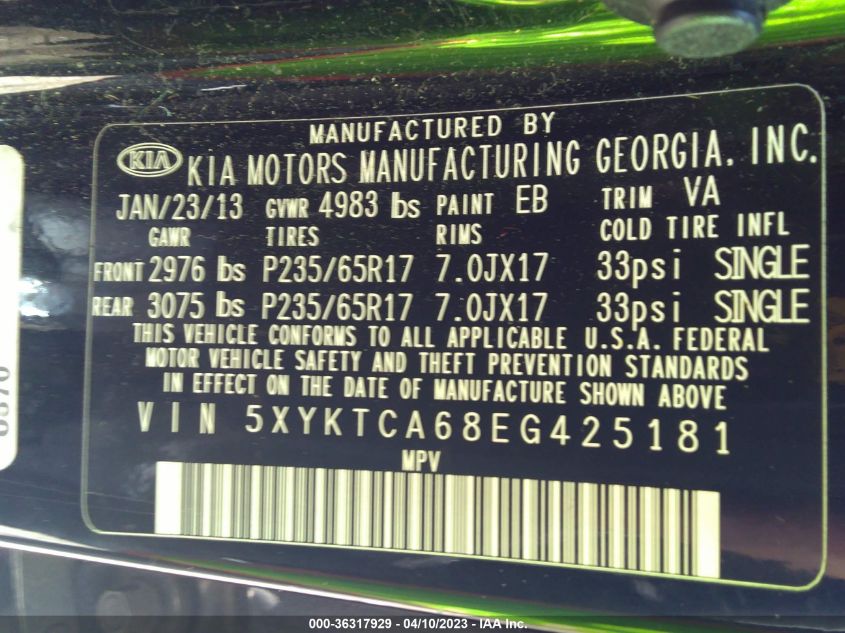 2014 KIA SORENTO LX - 5XYKTCA68EG425181