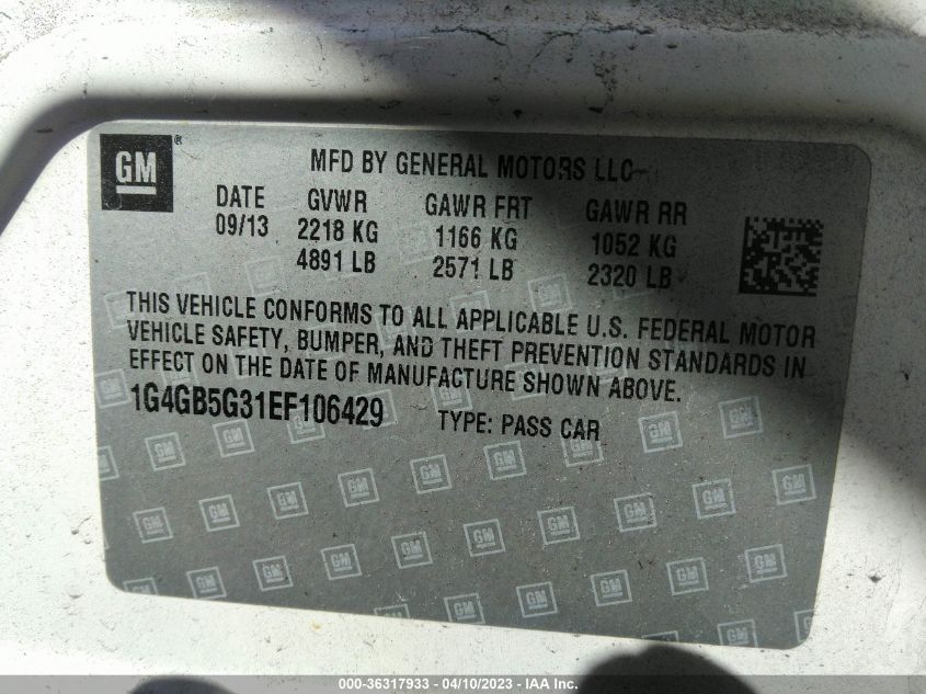 2014 BUICK LACROSSE LEATHER - 1G4GB5G31EF106429