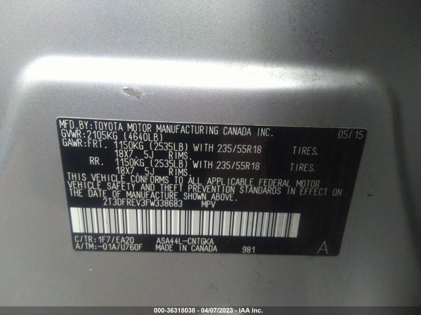 2015 TOYOTA RAV4 LIMITED - 2T3DFREV3FW338683