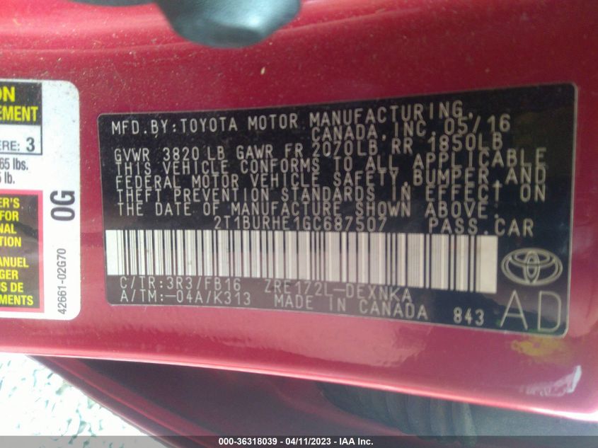 2016 TOYOTA COROLLA LE - 2T1BURHE1GC687507